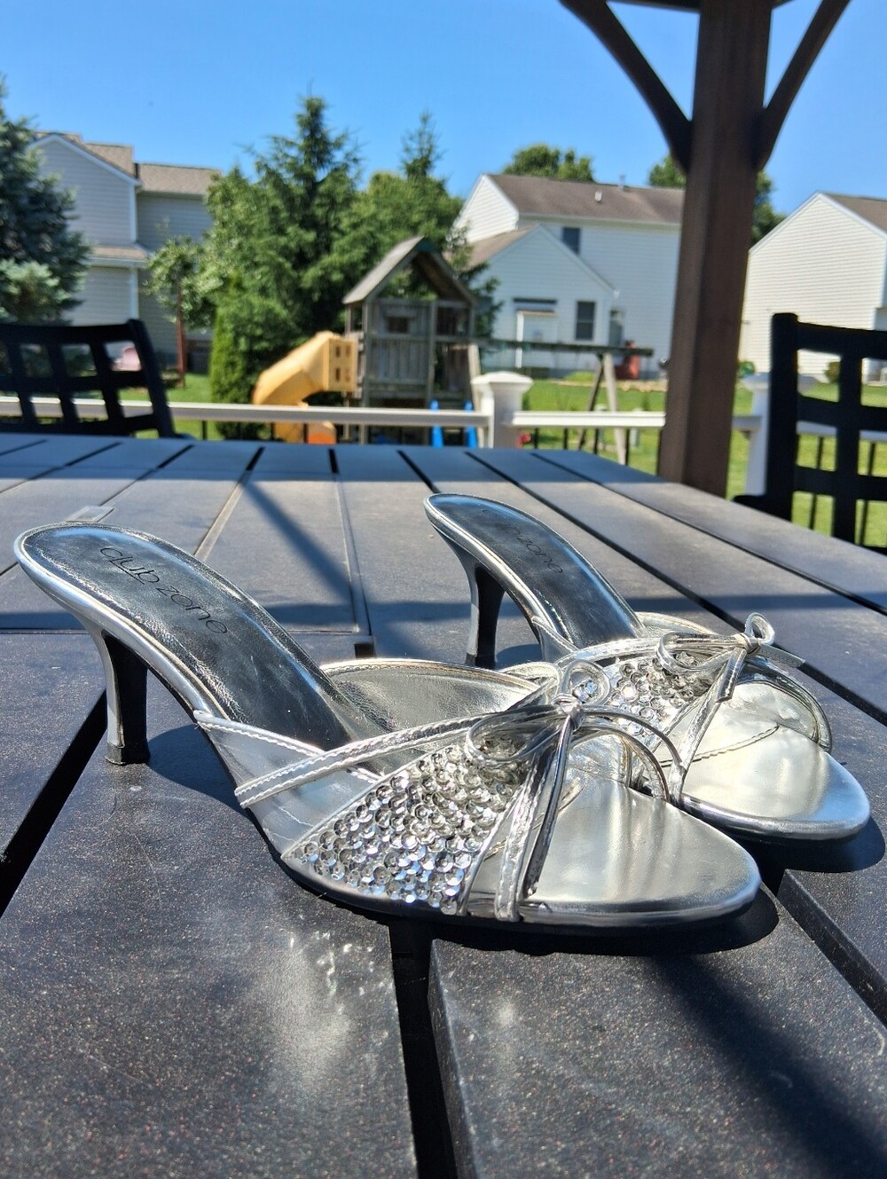 Club Zone Silver Rhinestone Bow Heeled Mules